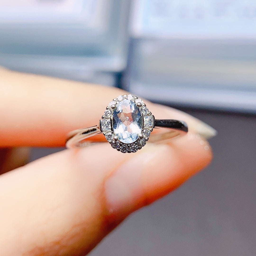 Natural Aquamarine Adjustable Ring 4*6mm Full Clean Stone Intense Fire S925 Silver Setting Fresh Ocean Color Simple Light Luxury Minimalist Ins Style Gift 💍