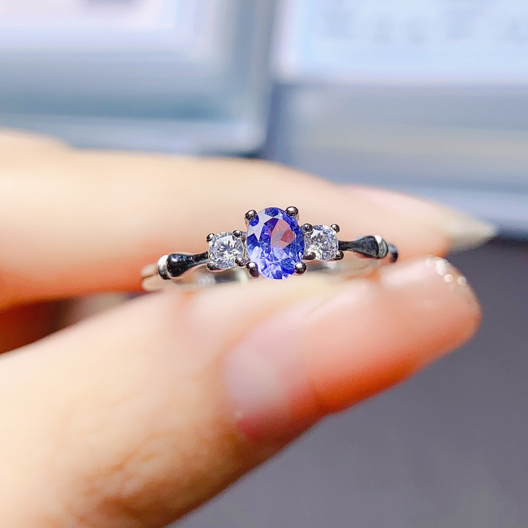 Natural Tanzanite Adjustable Ring 4*5mm Full Clean Stone Intense Fire S925 Silver Setting Blue-Violet Dreamy Simple Light Luxury Minimalist Ins Style Gift 💍