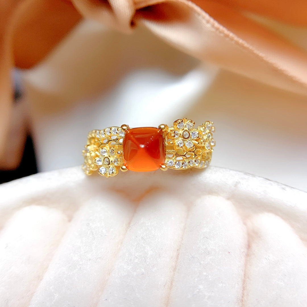 Natural Fanta Garnet Sugar Loaf Cut Adjustable Ring 6*6mm Gold Setting Simple Design Full Clean High Clarity Vibrant Fanta Color S925 Silver Setting Light Luxury Minimalist Ins Style Gift
