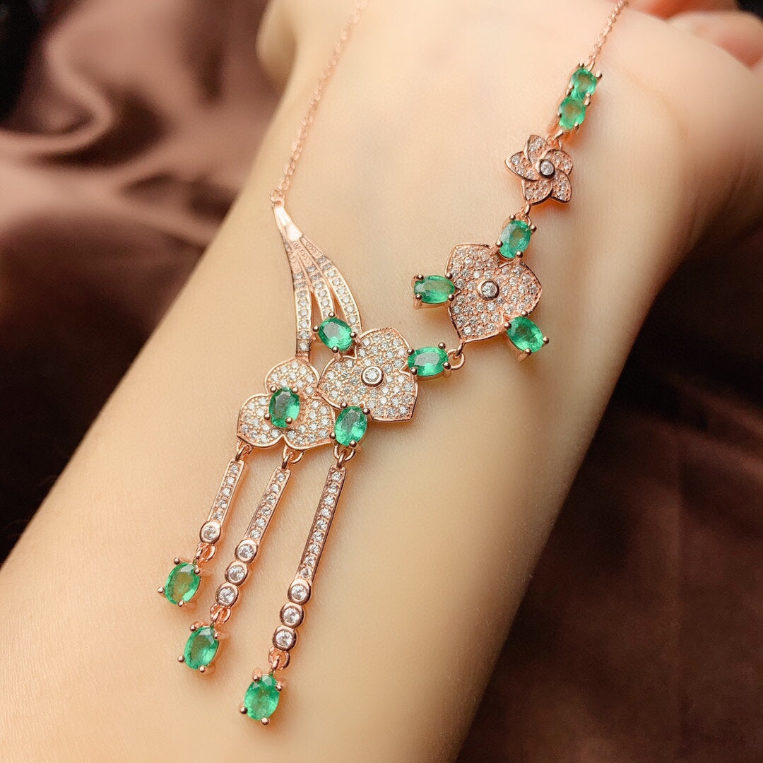 Natural Colombian Emerald Necklace Luxury Design 3*4mm Gold-Plated Look High Clarity Full Fire Intense Green S925 Silver Setting Light Luxury Vintage Versatile Gif