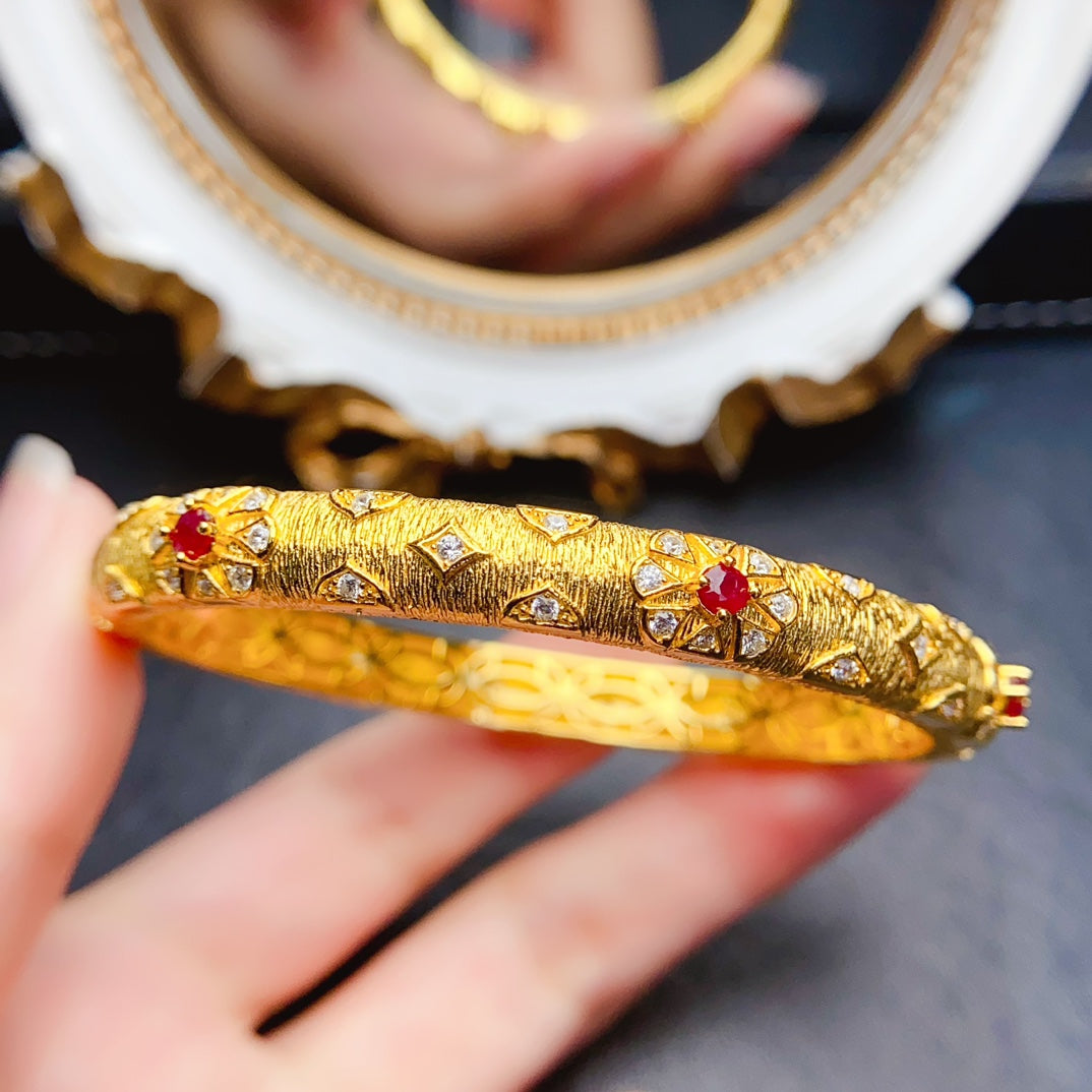 Natural Ruby Bangle Gold Setting 3*3mm Diamond-Grade Clarity Intense Pigeon Blood Red S925 Silver Setting Light Luxury Vintage Versatile Thin Bangle Ins Style Gift