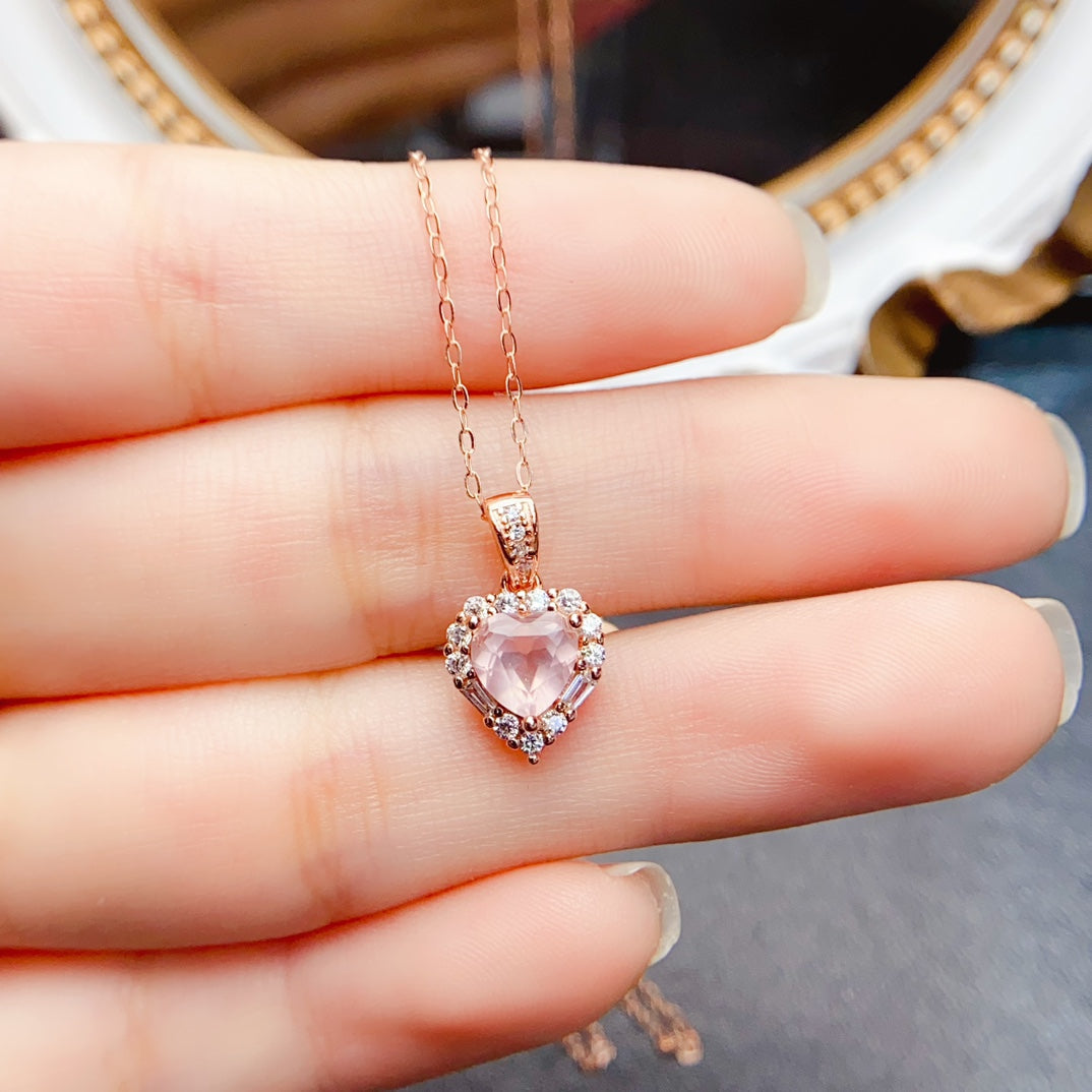 Natural Rose Quartz Heart Pendant 6*6mm S925 Silver Setting Simple Fashion Gentle Pink Full Clean Full Fire Light Luxury Versatile Choker Necklace Ins Style Gift
