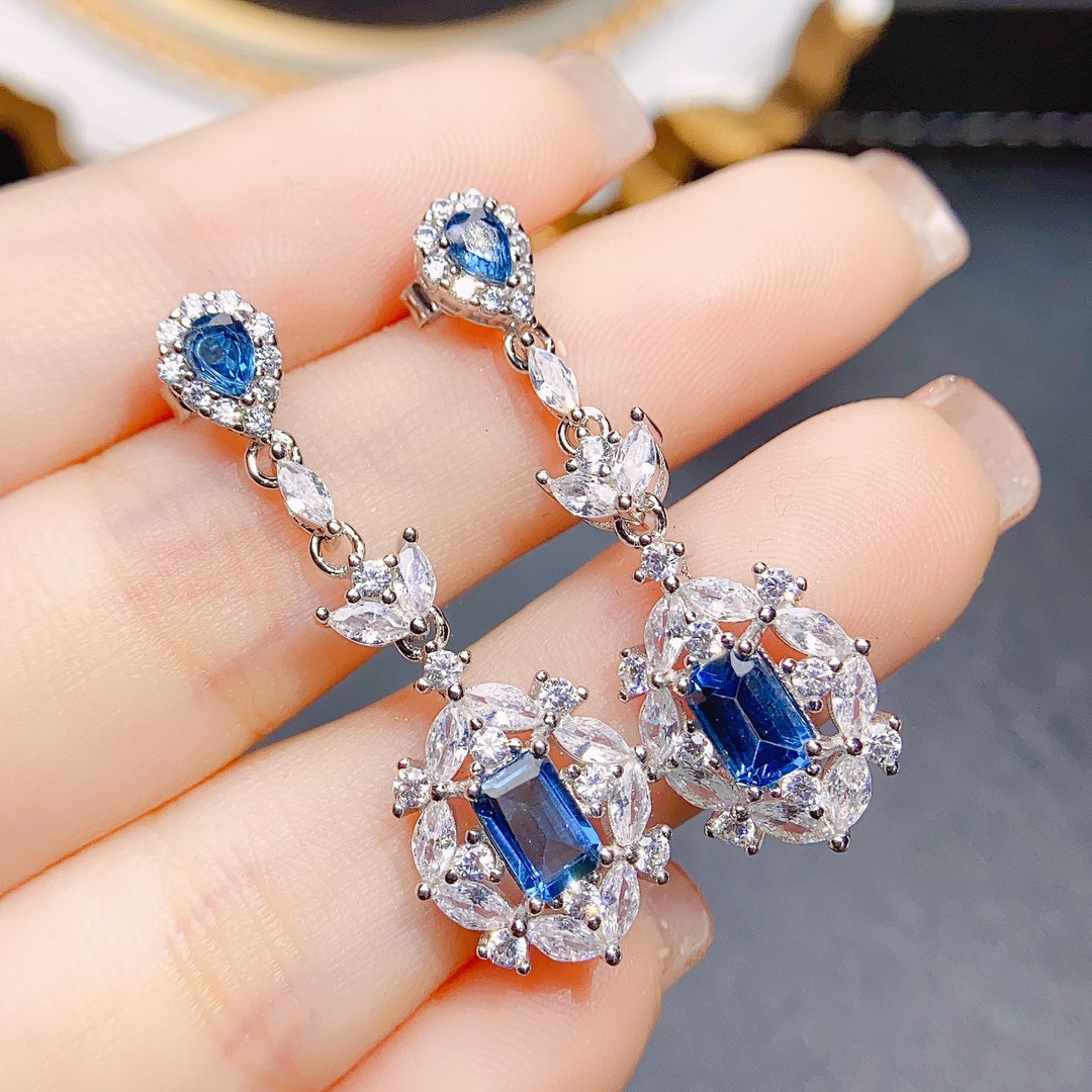 Natural Topaz Earrings Ear Drop 2-in-1 56+34mm London Blue/White Full Fire Full Clean S925 Silver Setting Light Luxury Minimalist Versatile Ins Style Gift