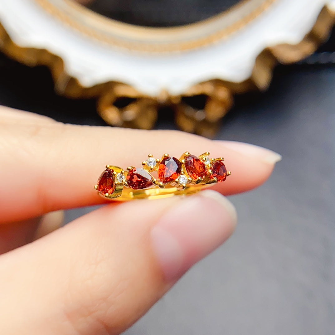 Natural Garnet Eternity Band Ring 3*4mm Gold-Plated Look High Clarity Full Fire S925 Silver Setting Adjustable Open Ring Simple Fashion Versatile Ins Style Gift