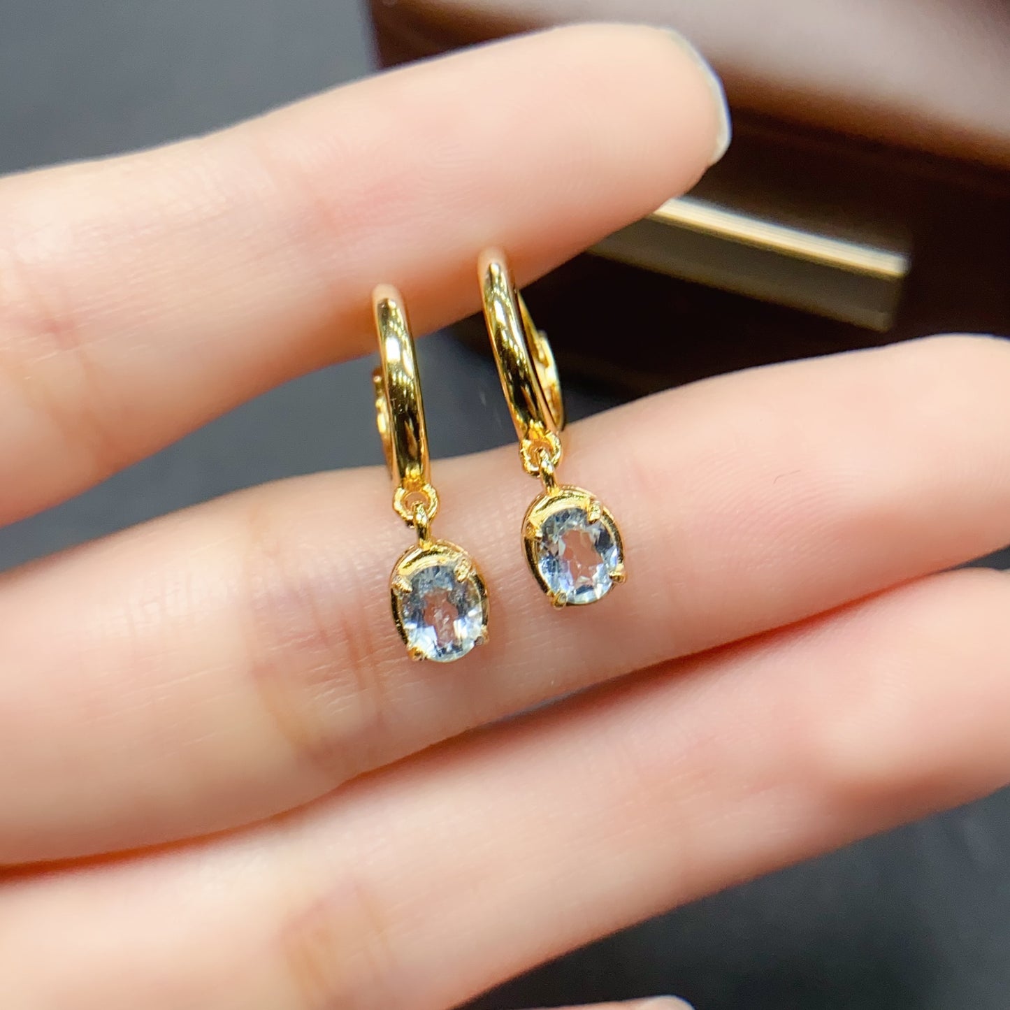Natural Aquamarine Earrings Ear Cuff 4*5mm Gold Setting Fashion Style High Clarity Full Fire S925 Silver Setting 2-in-1 Light Luxury Design Versatile Ins Style Gift