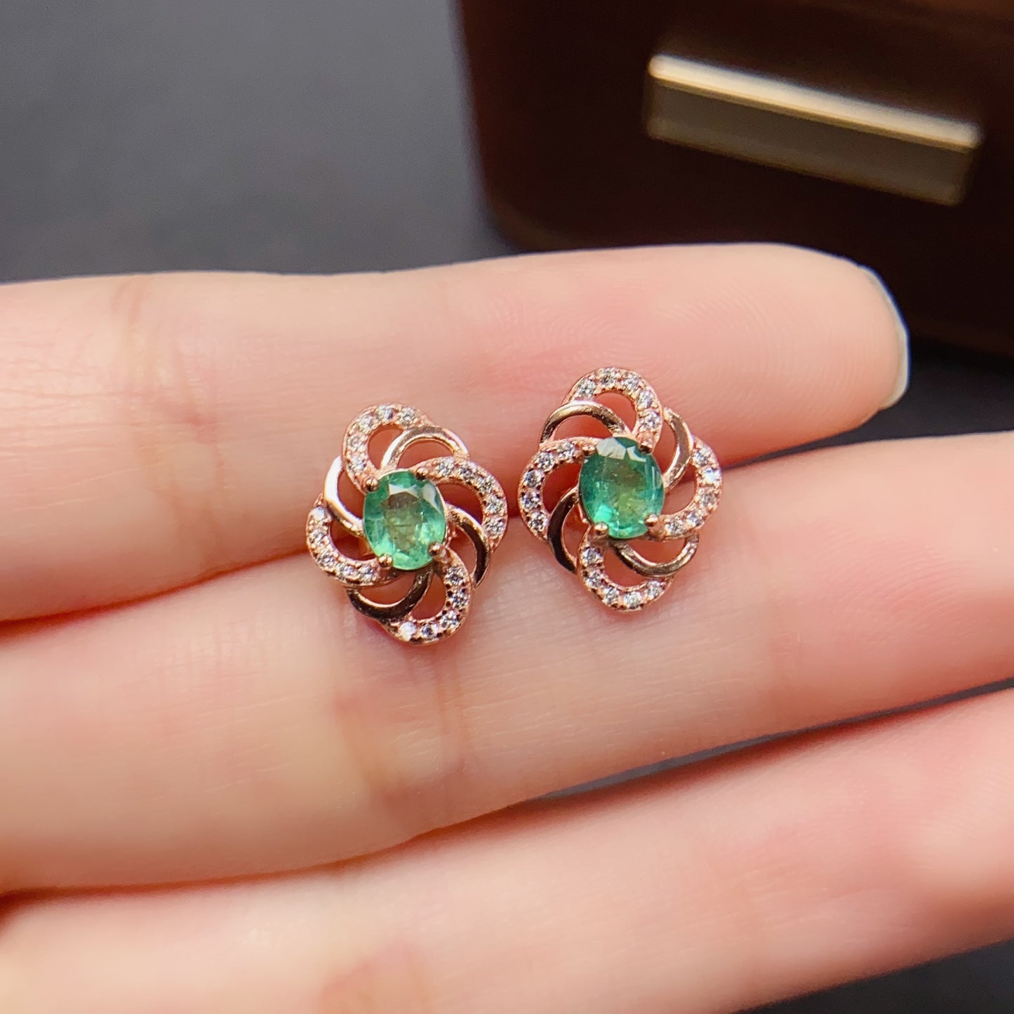 Natural Emerald Earrings | Rose Gold Floral Design | Vintage Luxe Trendy | High Quality Super Green | 925 Silver Exquisite Setting | 4*5mm Delicate Daily | Fairy Style Jewelry For Women