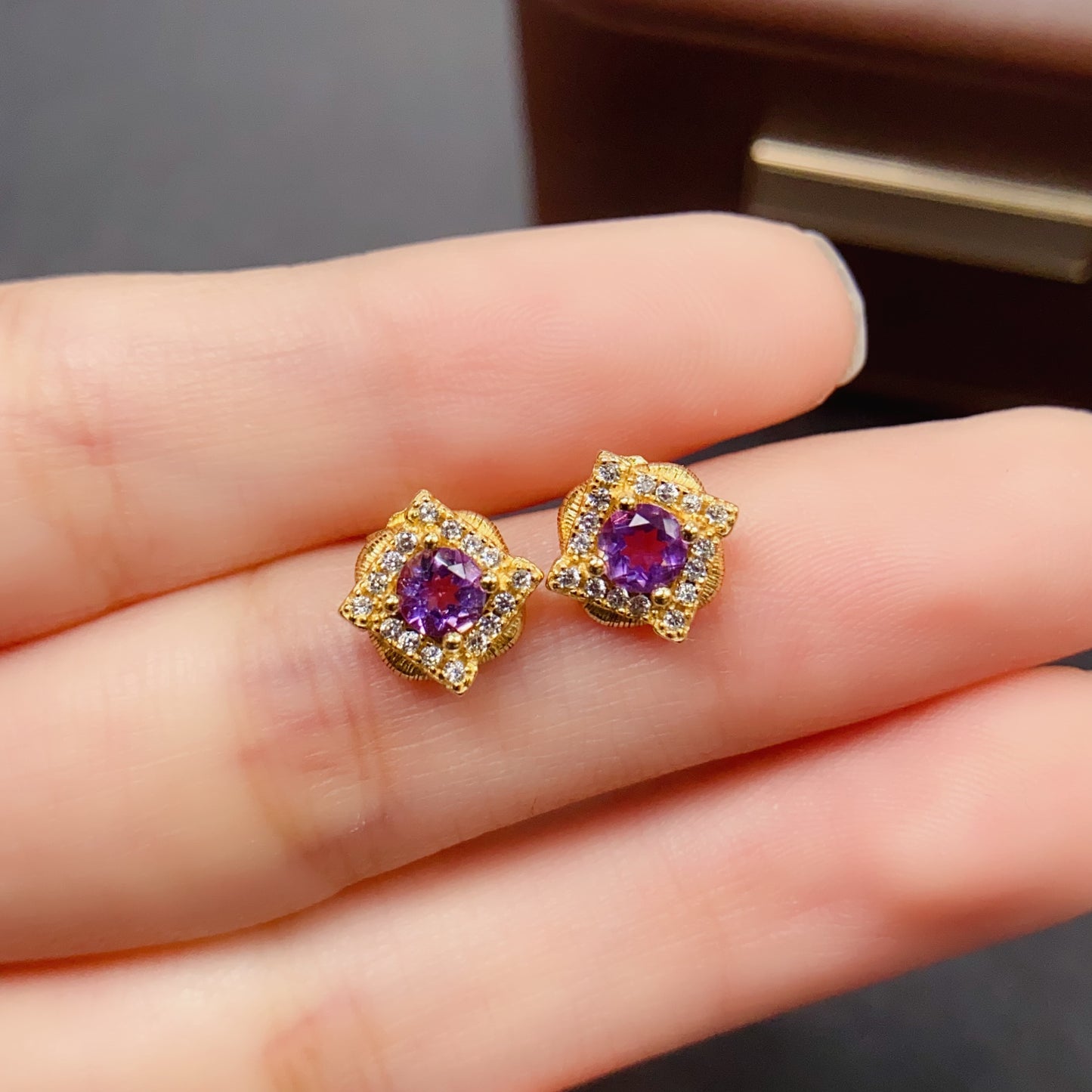 Natural Amethyst Earrings | Gold Setting Shiny | Super Rich Purple Color | High Quality Sparkle | 925 Silver Exquisite Setting | 4*4mm Round Daily | Light Luxury Earrings For Women
