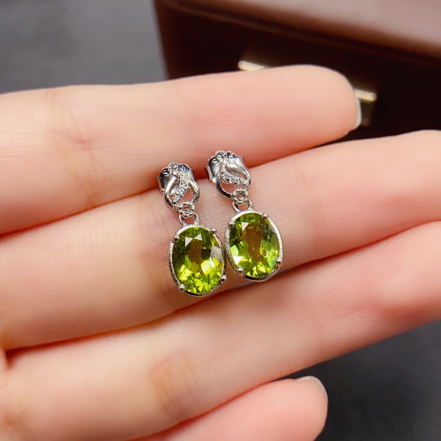 Natural Peridot Earrings | Oval Design Dangle Style | Super Fresh Mint Green Color | High Quality Sparkle | 925 Silver Exquisite Setting | 6*8mm Statement Earrings | Refreshing Crystal Jewelry For Women