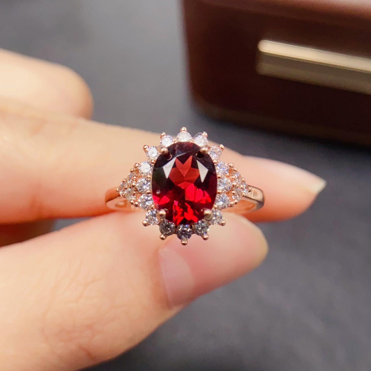 Natural Garnet Ring | Rose Gold Plated Bezel Set | 925 Silver 7x9mm | High Quality | Fine Craftsmanship | Adjustable Open | Vintage Style Birthday Gift
