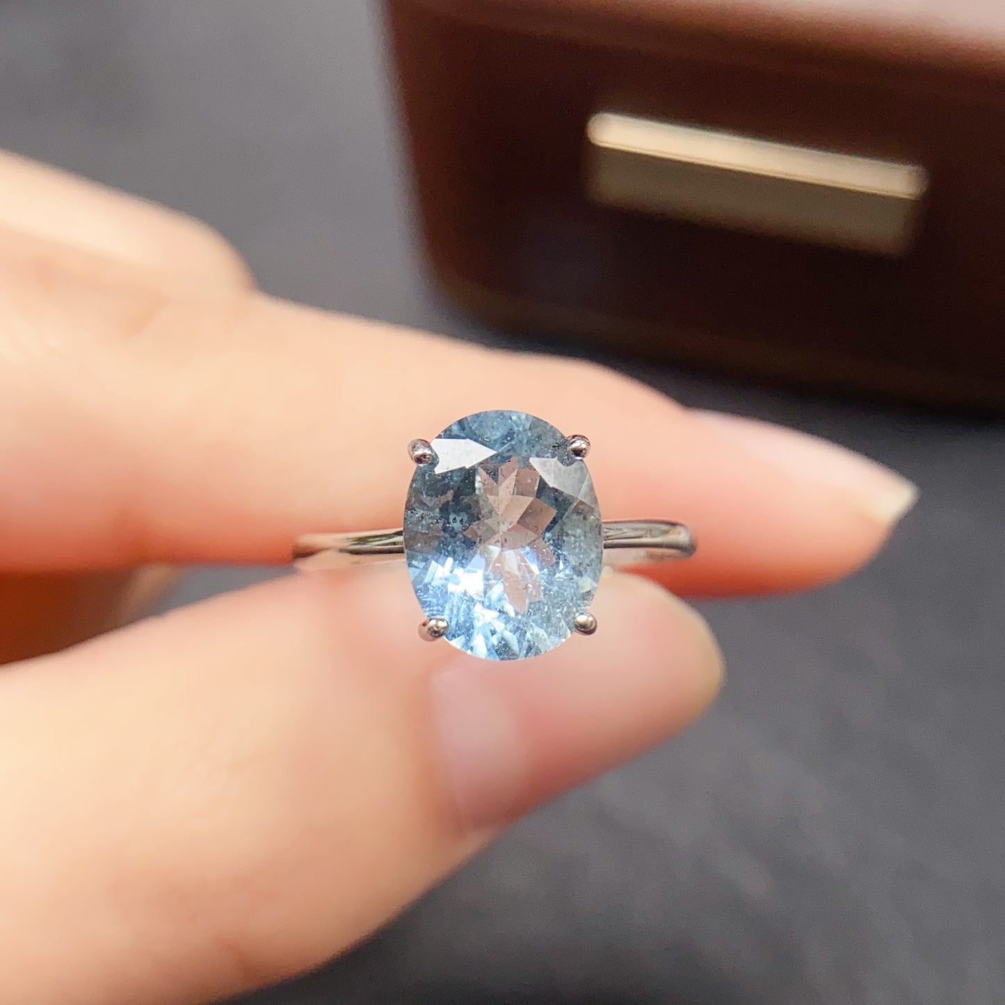 Natural Aquamarine Ring | 8x10mm Large | 4-Prong Setting | Classic Solitaire | 925 Silver | Fine Craftsmanship | Adjustable Open | March Birthstone | Transparent Dainty Gift
