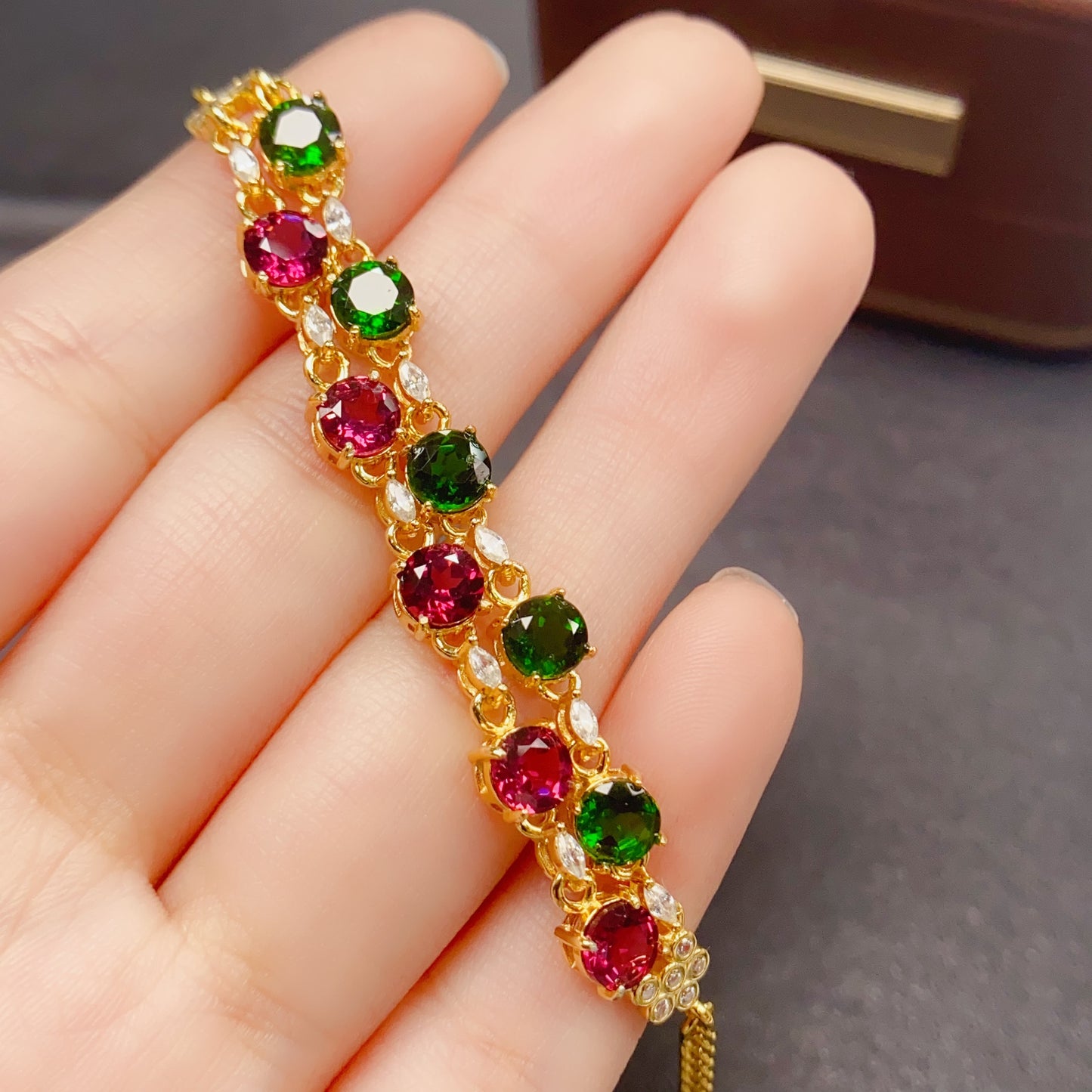 Natural Diopside & Pyrope Garnet Bracelet | Double Chain Design | Clean Gemstones 5x5mm Square | 925 Silver | Fine Craftsmanship | June & January Birthstones | Two-Tone Luxury Gift