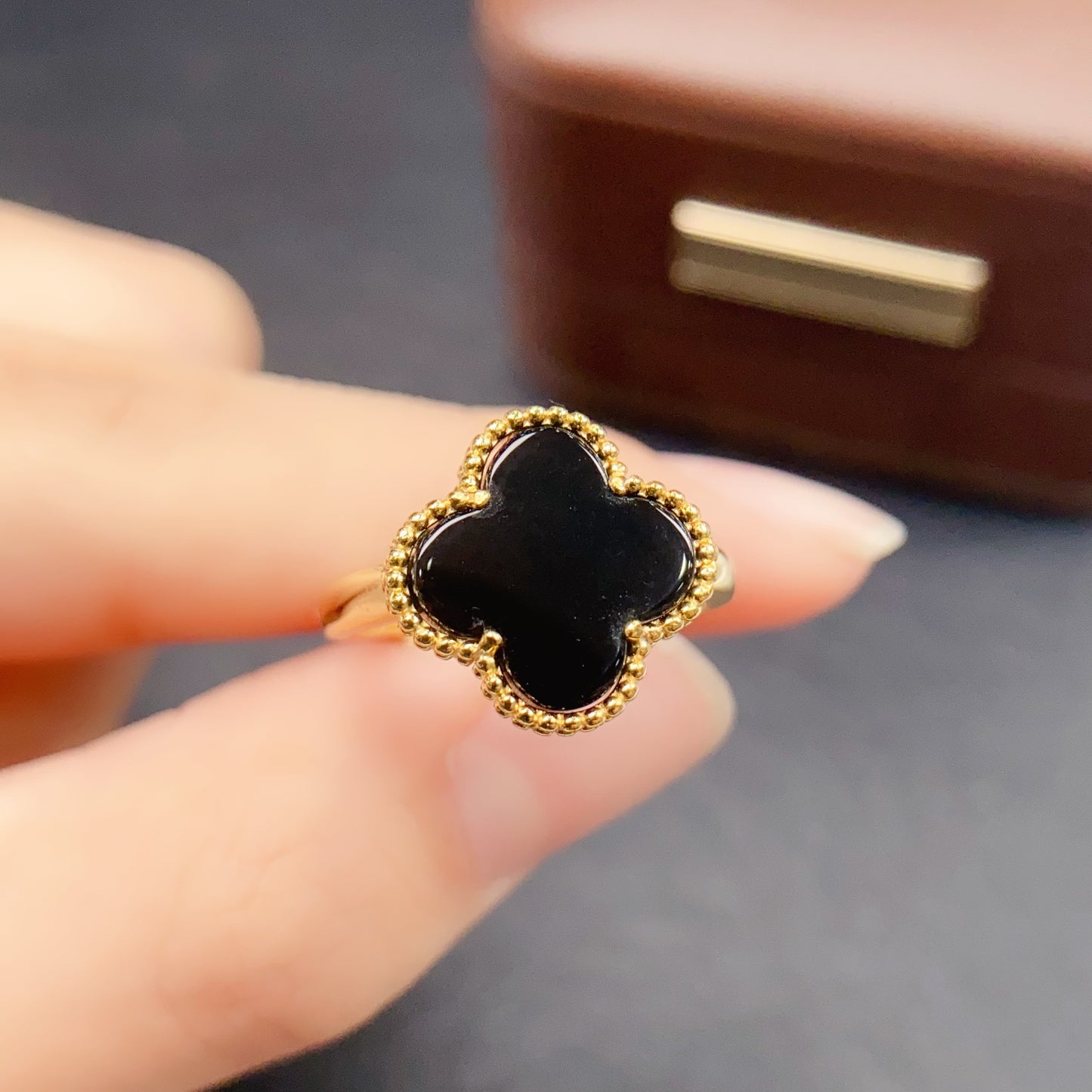 Natural Agate Ring Adjustable Size 12x12mm Four Leaf Clover Design Fire Flash 925 Silver Fine Jewelry For Women