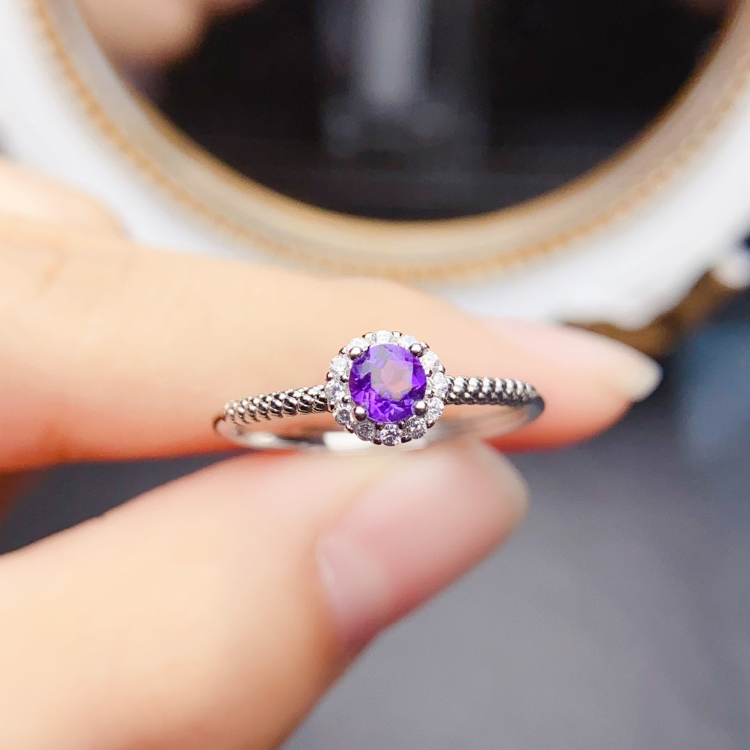 Natural Amethyst Ring Adjustable Size 4x4mm VVS Clarity Fire Flash 925 Silver Simple Design Fashion Jewelry For Women