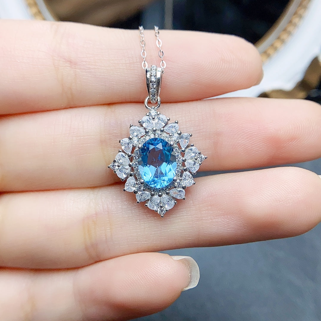 Natural Swiss Blue Topaz Pendant Necklace Heart Design 7x9mm VVS Clarity Fire Flash 925 Silver Fine Jewelry For Women