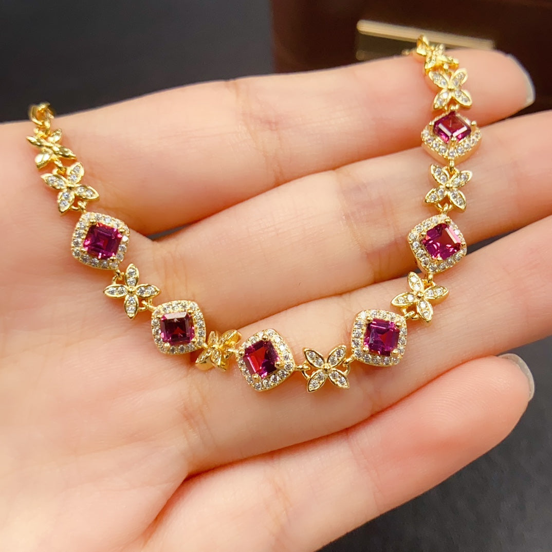Natural Magnesium Aluminum Garnet Bracelet | Princess Cut & Butterfly Design Charm Bracelet | 4*4mm Genuine Stone | 925 Silver Gold Plated Jewelry | Dainty Cute Gift For Women