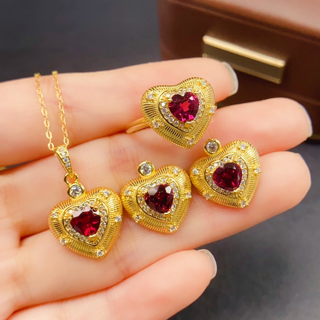 Natural Garnet 3PCS Jewelry Set | Heart Shape Heavy Craft Ring Pendant Earrings | 6*6mm Genuine Stone | 925 Silver Valentines Day Gift | Full Set For Women