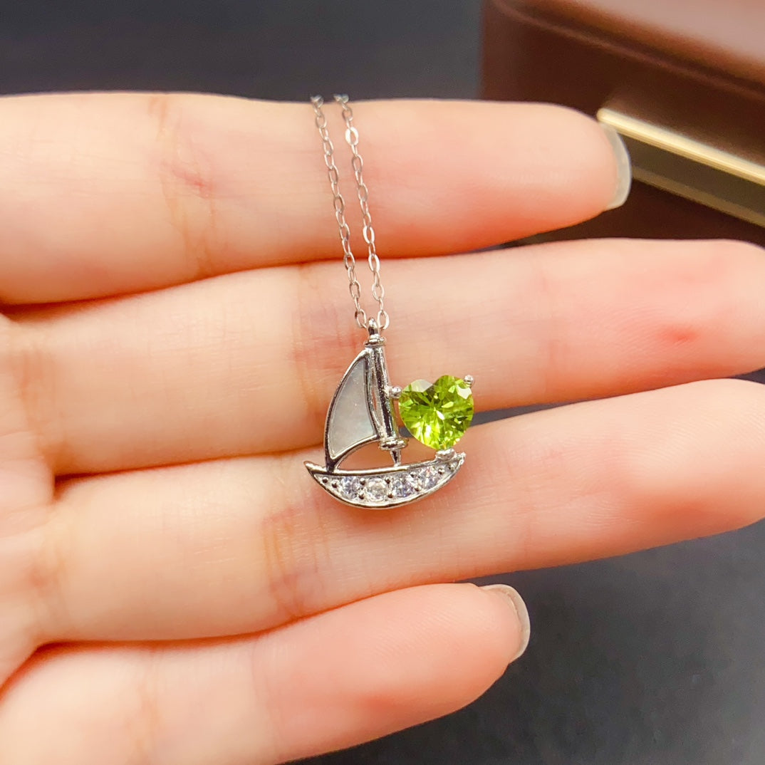 925 Silver Peridot Pendant Necklace | Natural Gem | Sailboat Design | 6x6mm Olive Green | High Quality | Summer Jewelry | Gift for Women