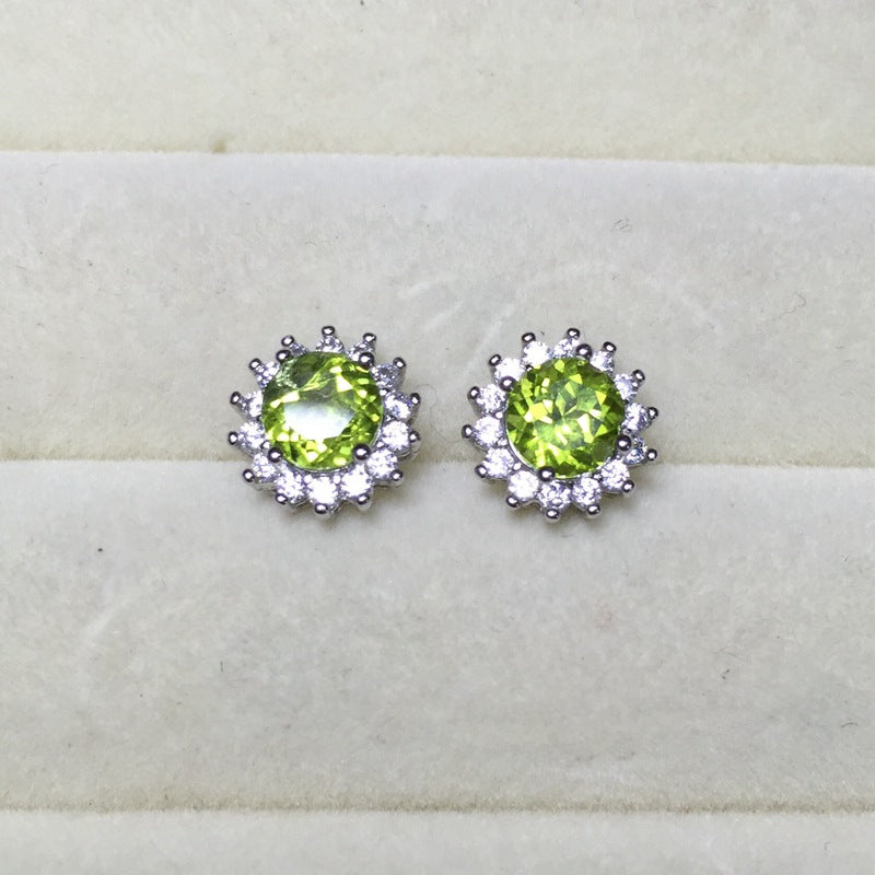 S925 Round Peridot Earrings Natural 925 Silver Gold Plated