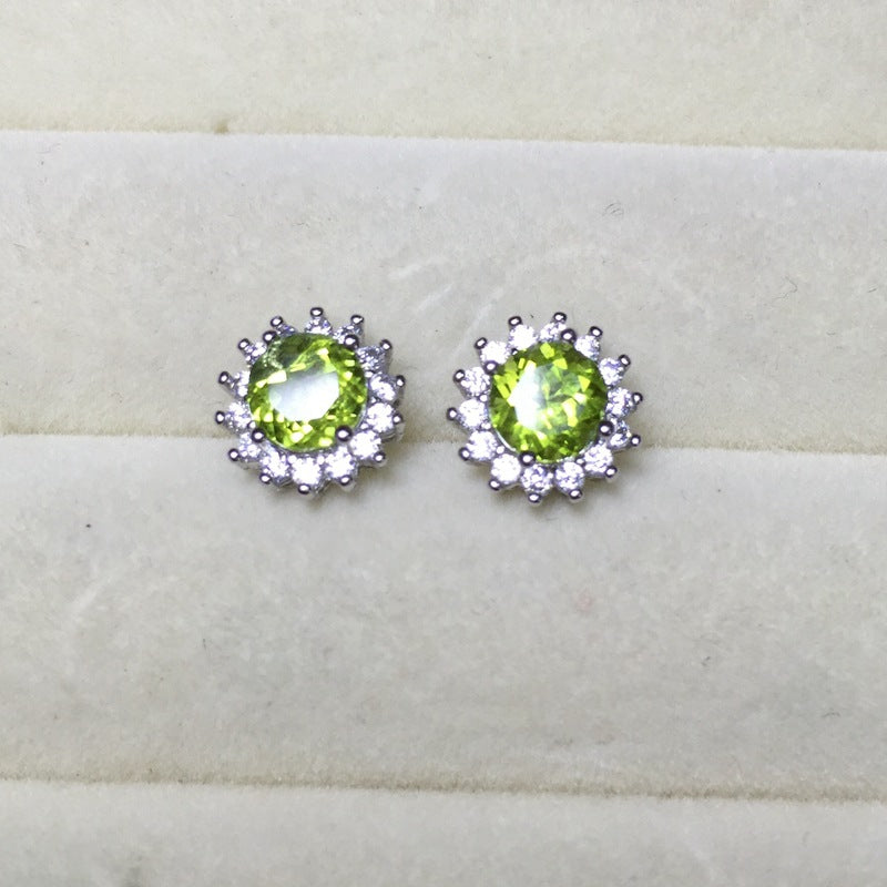S925 Round Peridot Earrings Natural 925 Silver Gold Plated