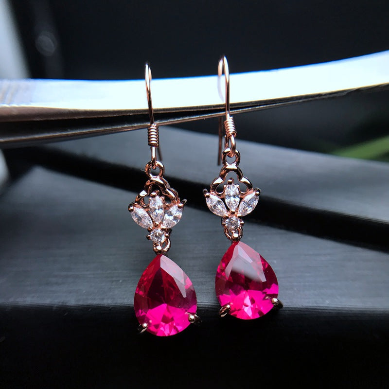 S925 Red Corundum Earrings Synthetic Ruby
