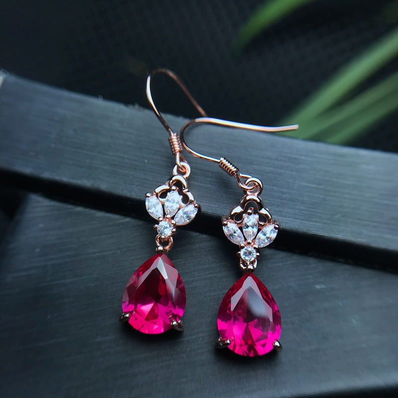 S925 Red Corundum Earrings Synthetic Ruby