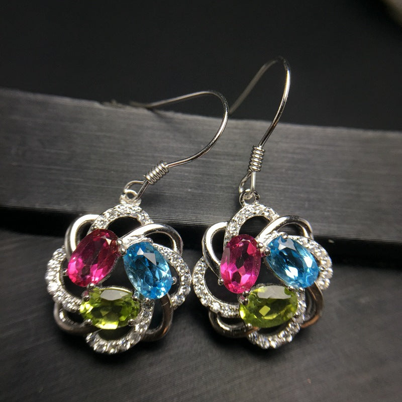 S925 natural colorful gemstone earrings European and American exaggerated style Topaz Peridot