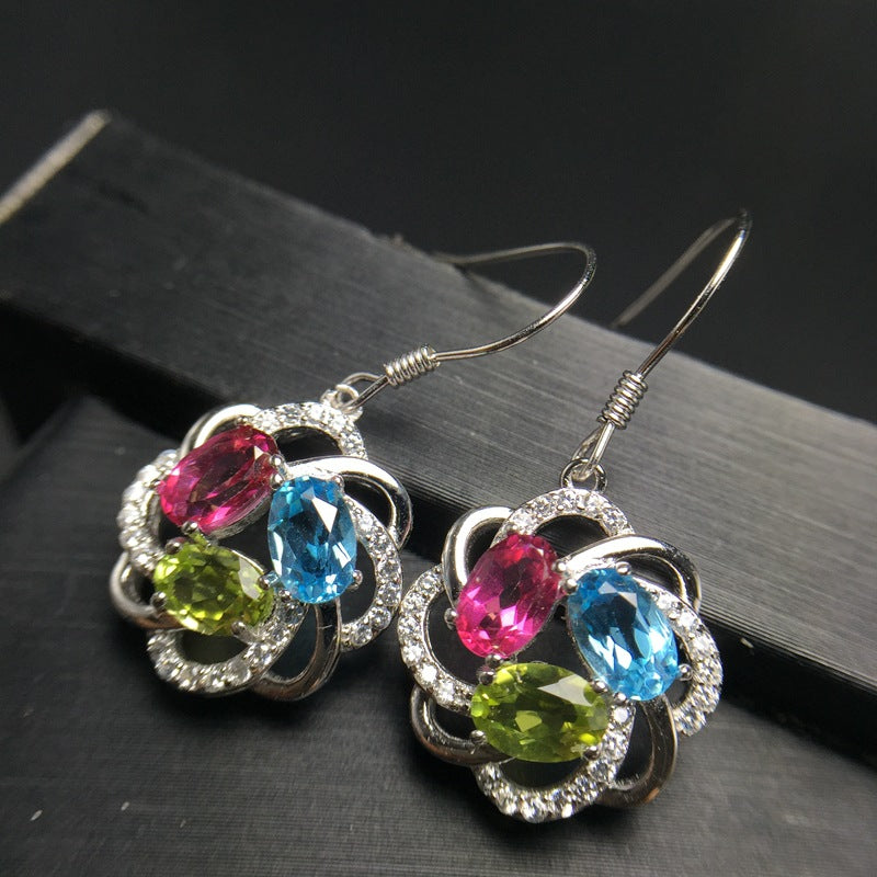 S925 natural colorful gemstone earrings European and American exaggerated style Topaz Peridot
