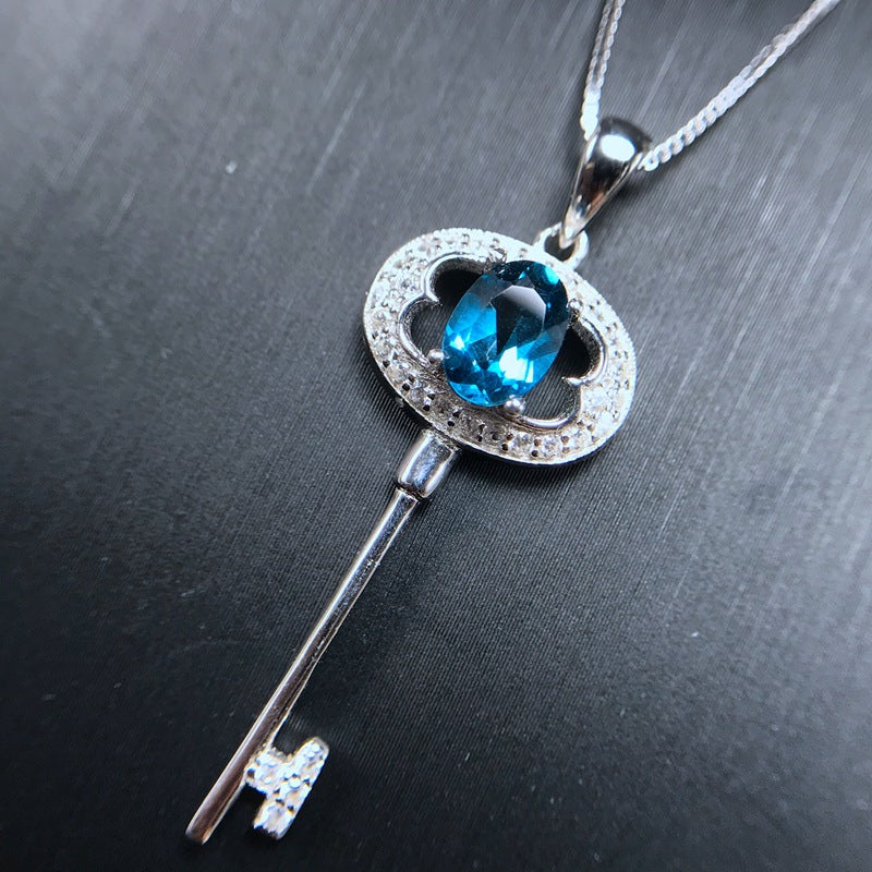 S925 Natural London Blue Topaz Pendant Key Style Pendant
