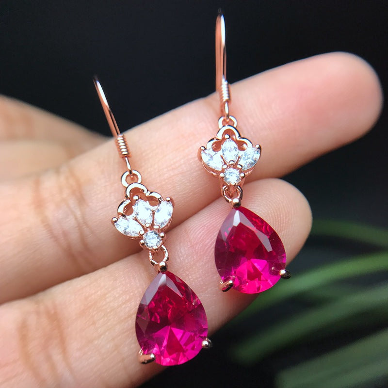 S925 Red Corundum Earrings Synthetic Ruby
