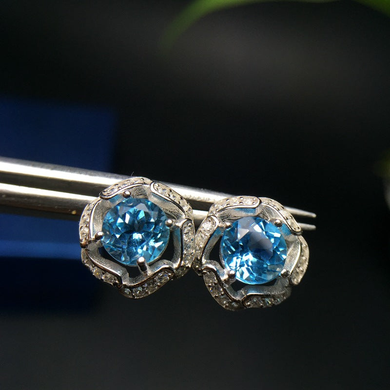 S925 Natural Topaz Earrings Korean Round
