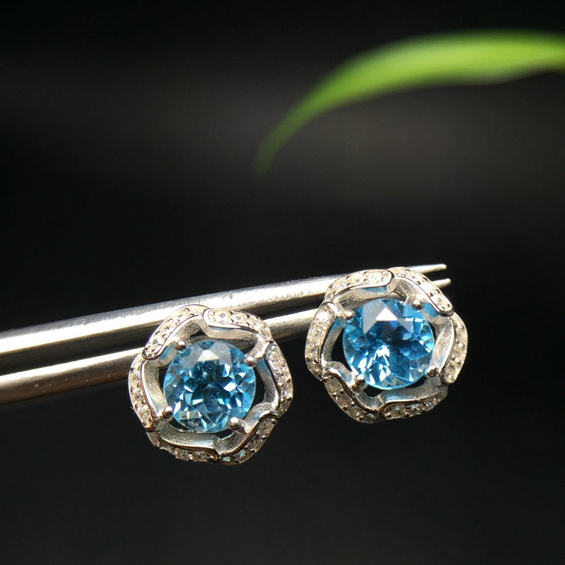 S925 Natural Topaz Earrings Korean Round