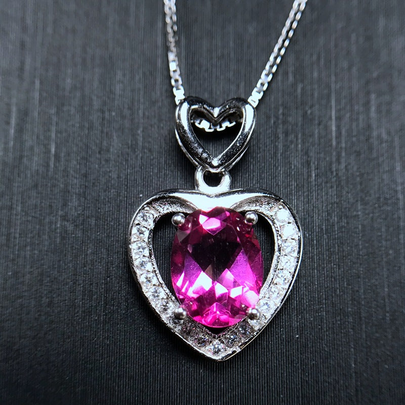 S925 Heart Shaped Natural Pink Topaz Pendant