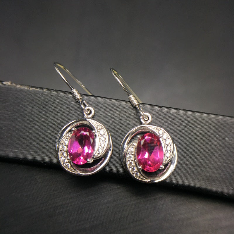 S925 Natural Pink Topaz Earrings Tourmaline Color