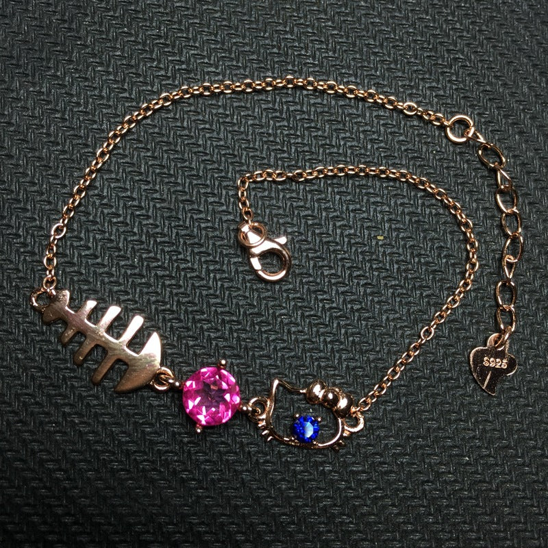 Cat Eats Fish Bracelet with Natural Pink Topaz Bracelet