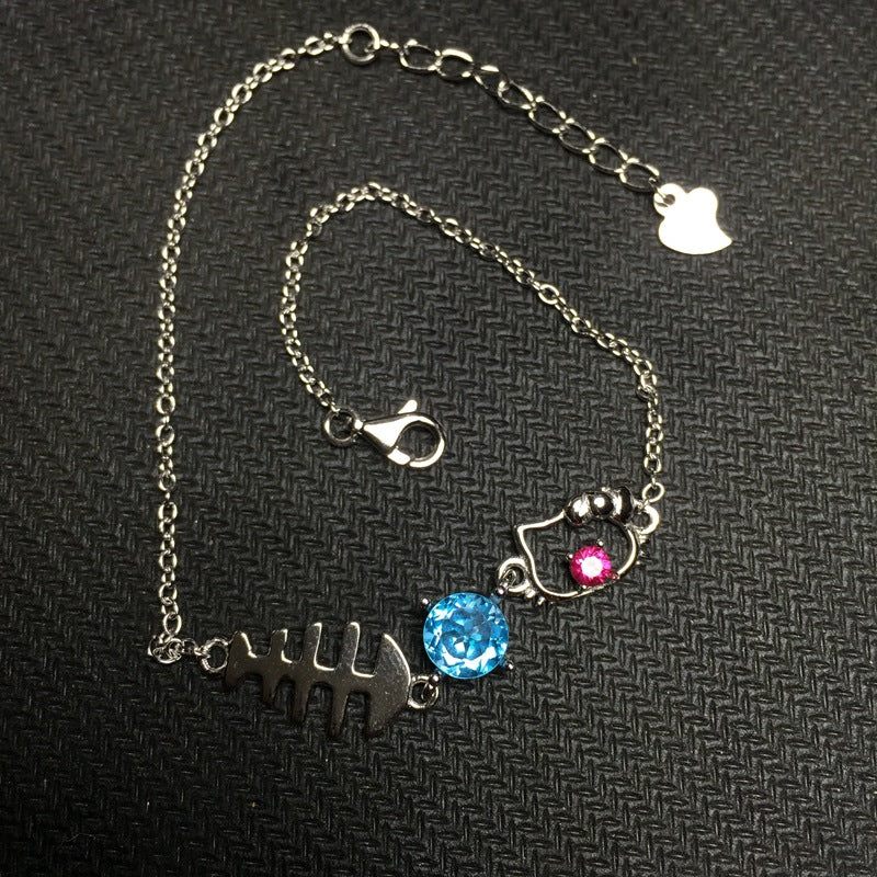 Personalized Bracelet Cat Eats Fish Cartoon Control Bracelet 925 Silver with Natural Topaz