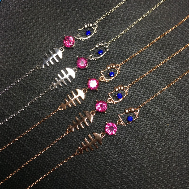 Cat Eats Fish Bracelet with Natural Pink Topaz Bracelet