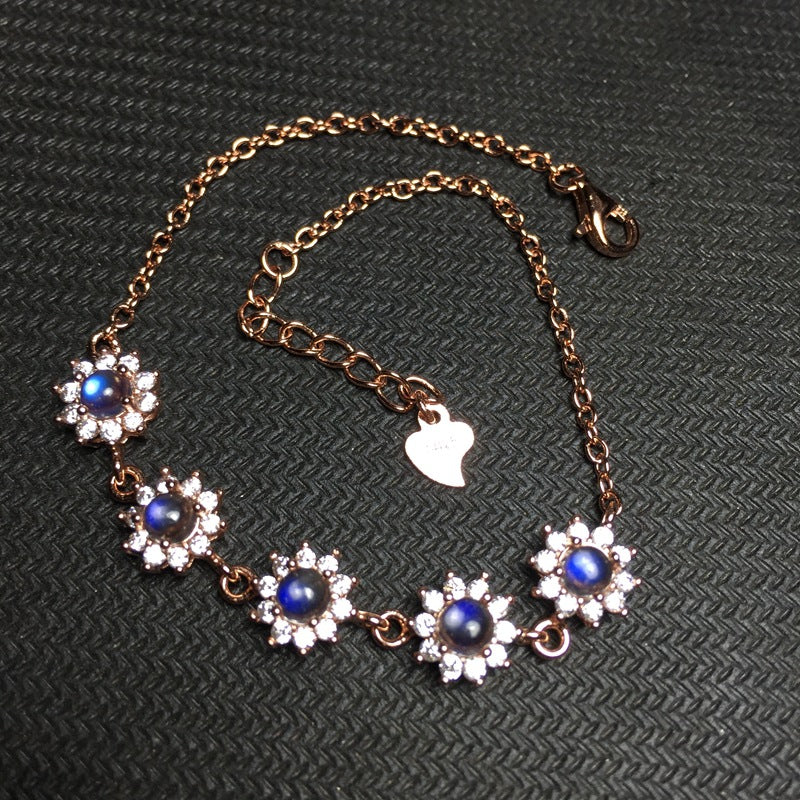 925 Silver with Natural Moonstone Bracelet Vitreous Blue Moonlight