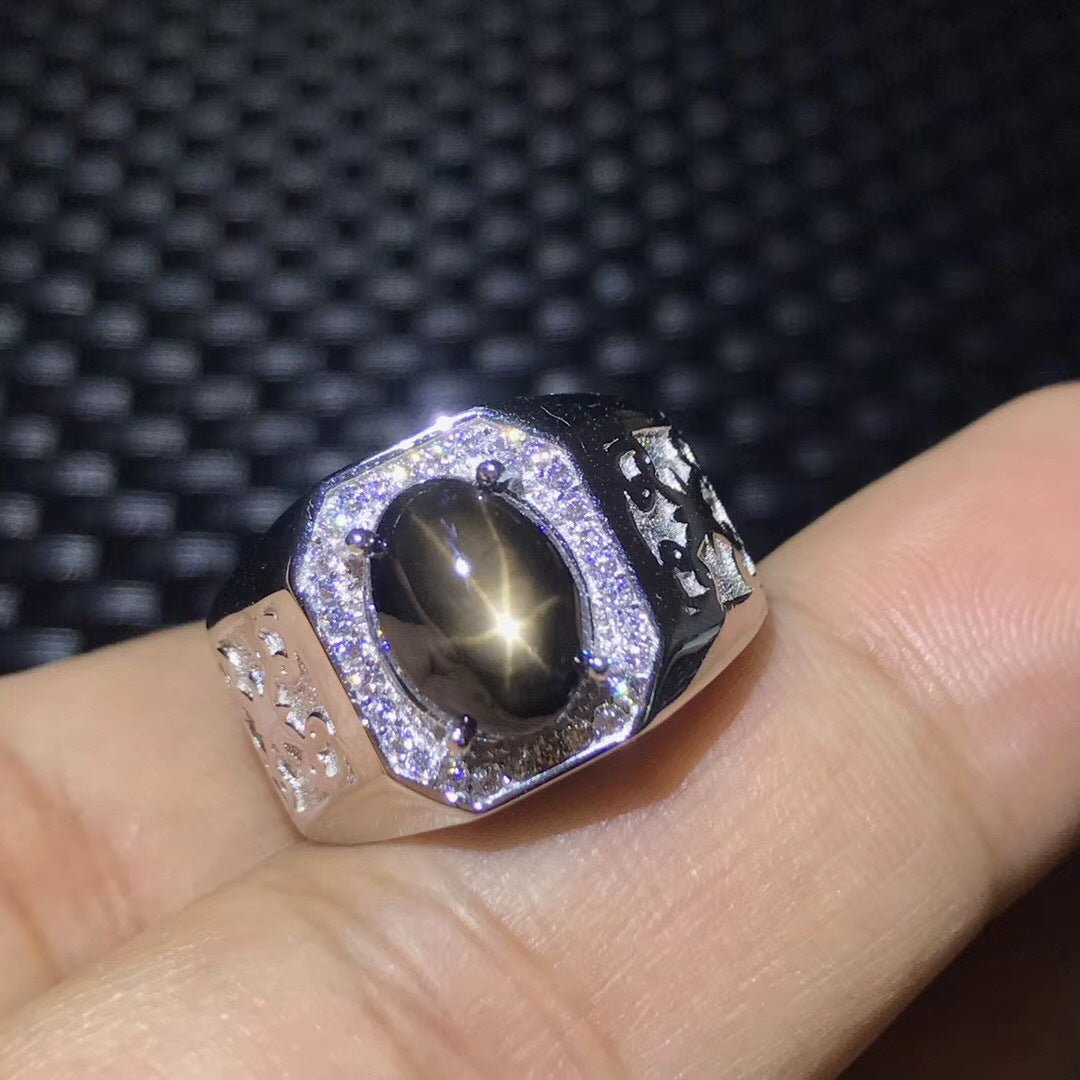 S925 Natural Star Sapphire Men's Ring