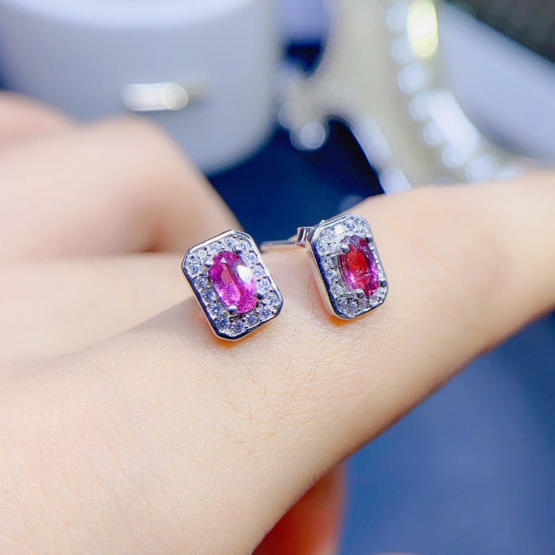 S925 Simple Fashion Natural Pink Tourmaline Earrings