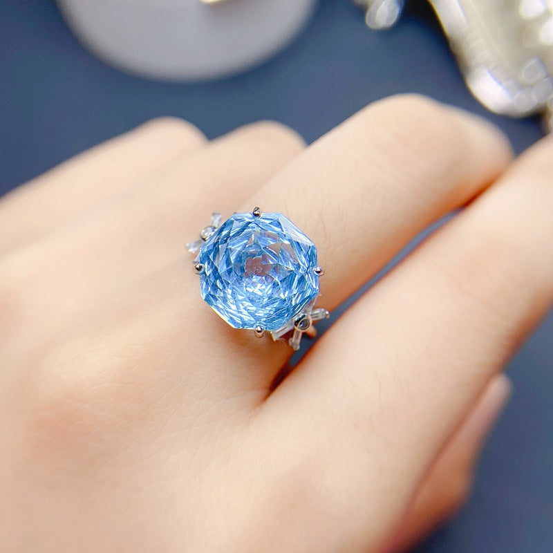 S925 Natural Rose Cut Crafted Blue Topaz Ring