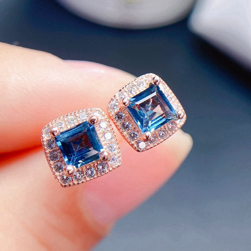 S925 Princess Square London Blue Topaz Earrings