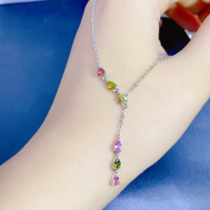 S925 Fashion new colorful natural water drop tourmaline pendant necklace