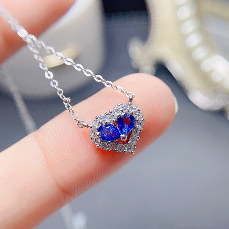 S925 Natural Sapphire Pendant Heart 3*4mm Ladies Pendant