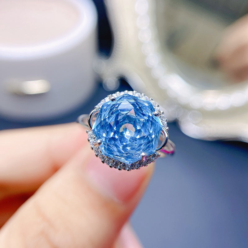 S925 Natural Rose Cut Crafted Blue Topaz Ring