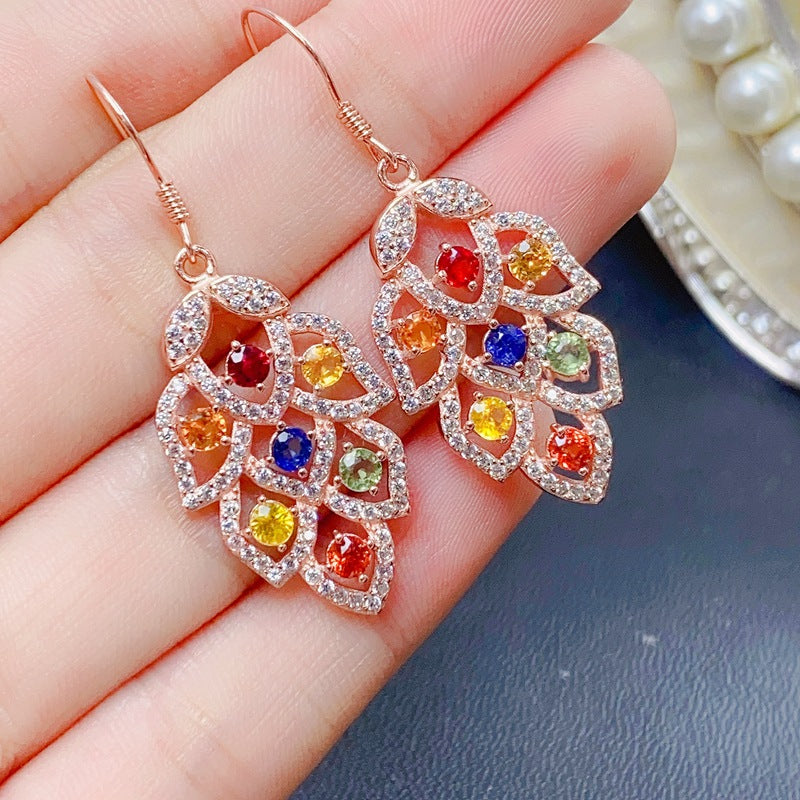 S925 Light Luxury New Colorful Natural Sapphire Earrings
