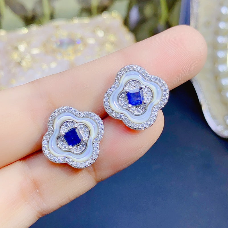 S925 Natural Sapphire Stud Earrings Shell Earrings