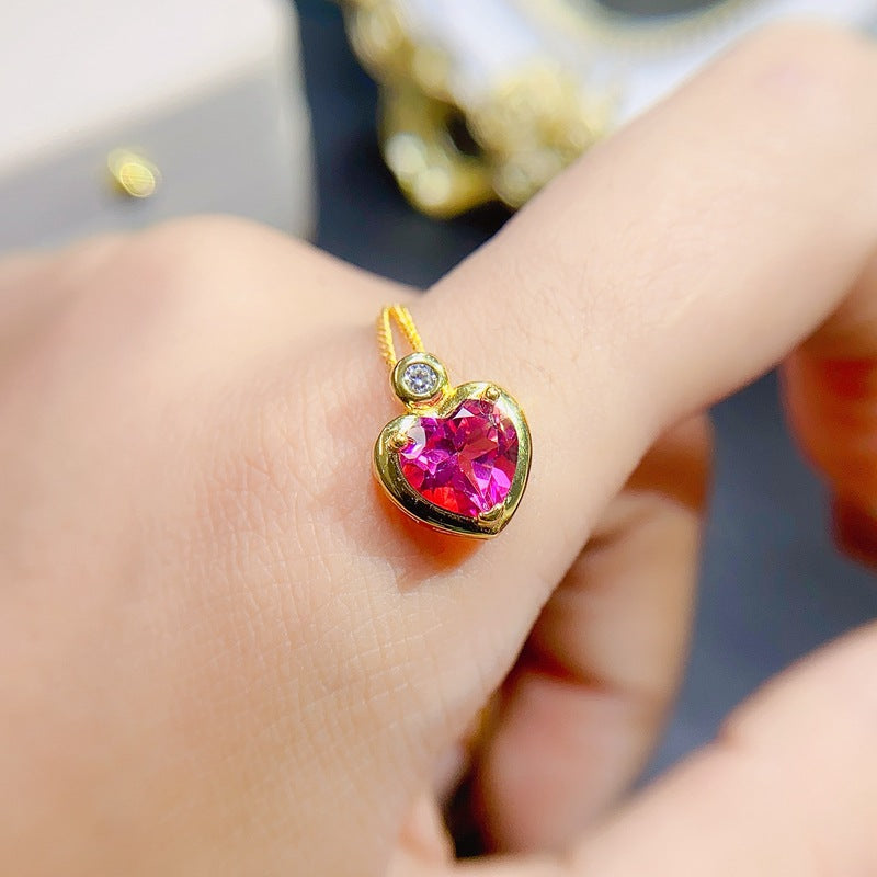 S925 Simple Natural Pink Topaz Pendant Heart Ladies Pendant
