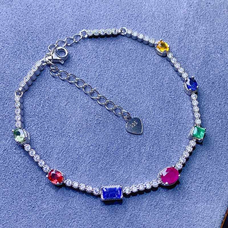 S925 Natural Emerald Sapphire Ruby Tanzanite Bracelet