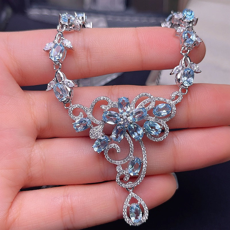 S925 Natural Blue Topaz Chain Row Necklace