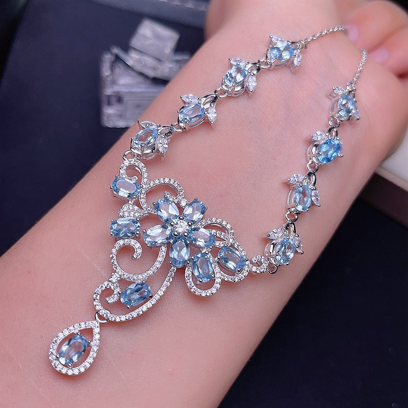 S925 Natural Blue Topaz Chain Row Necklace